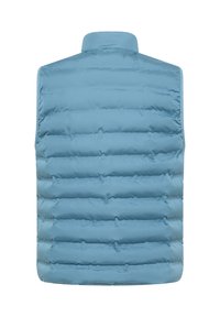 Hellblauer, gesteppter, ärmelloser Pufferweste mit horizontalen Nähten und Stehkragen, von hinten gezeigt.