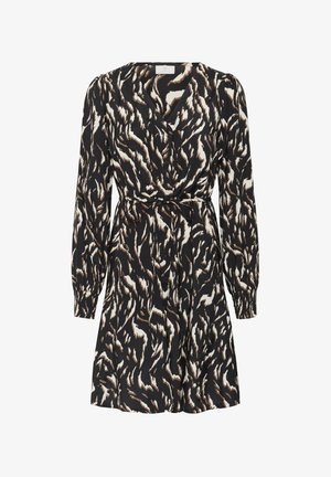 Melns un brūns dzīvnieku raksts kleita ar garām piedurknēm, pogu aizdari priekšpusē, V veida kaklu un jostu viduklim.