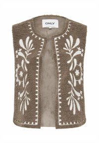 Gilet en sherpa marron avec broderie florale blanche sur les panneaux avant, design à ouverture frontale et encolure arrondie, portant le label "ONLY".
