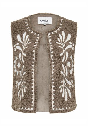 Brun sherpa-vest med hvit blomsterbroderi på fremre paneler, åpen frontdesign og rund halsutringning, merket "ONLY."