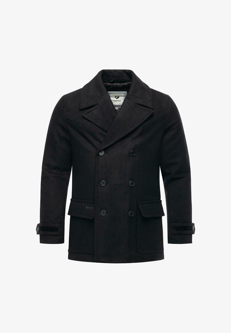 Musta kaksirivinen takki villasekoitteesta, jossa on kaareva kaulus, kaksi etupussia ja napitetut hihansuut, joissa on sileä pinta.