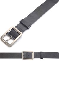 Black leather belt with a silver rectangular buckle, featuring a smooth texture and multiple holes for adjustability.