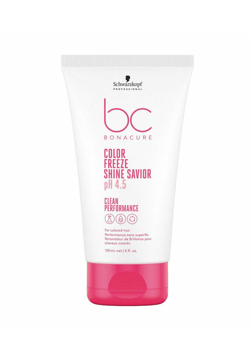 Schwarzkopf Bonacure Color Freeze Shine Savior, 150 mL, tubo bianco con accenti rosa, pH 4.5, etichettato per capelli colorati. Design pulito.
