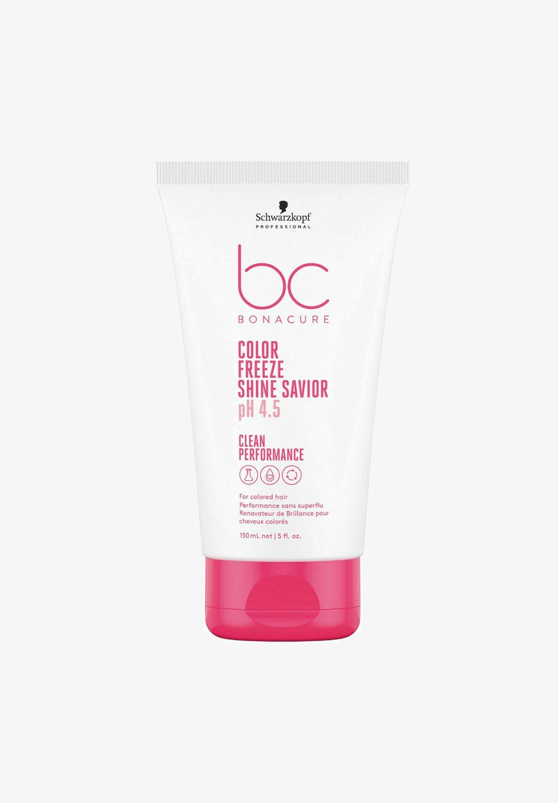 Schwarzkopf Bonacure Color Freeze Shine Savior, 150 mL, tubo bianco con accenti rosa, pH 4.5, etichettato per capelli colorati. Design pulito.