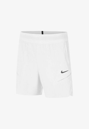 Shorts de sport blancs avec une taille en maille, arborant un logo Nike noir et des poches latérales zippées. Design léger et uni.