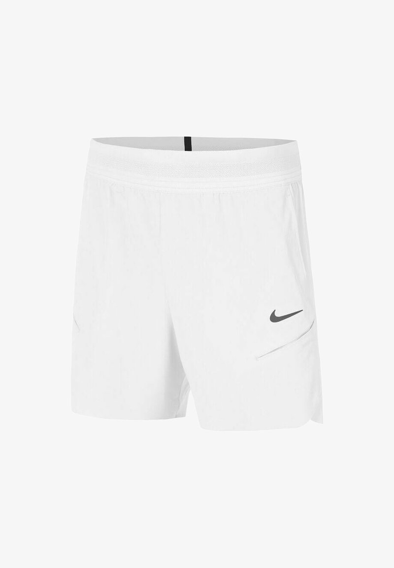 Hvite treningsshorts med mesh-linning, med svart Nike-logo og sidelommer med glidelås. Lett og enkel design.
