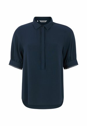 Mornaracka plava bluzica kratkih rukava s ovratnikom, gumbima i dekorativnim rubovima na rukavima. Glatka, lagana tkanina.