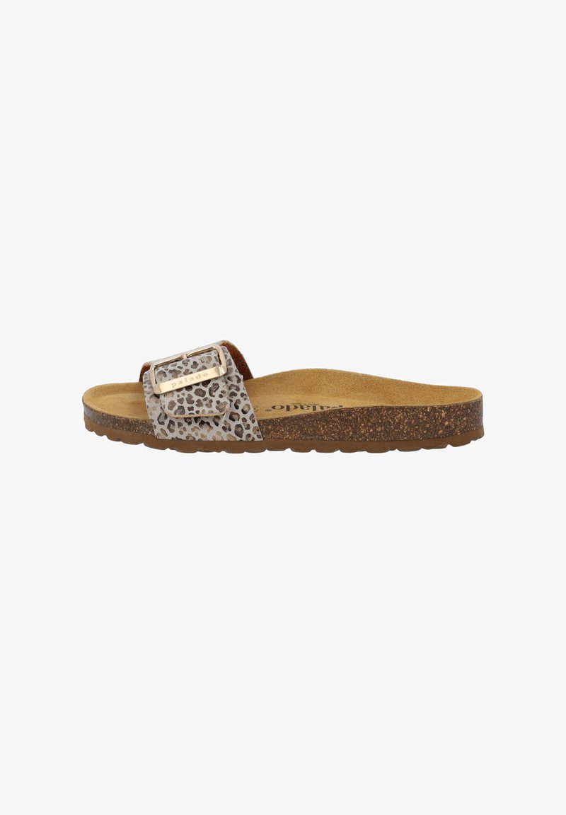 Slip-on sandal with cork sole, tan suede footbed, and leopard print strap featuring a gold buckle.