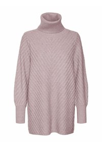 Light pink turtleneck sweater with a textured chevron pattern, loose fit, and ribbed cuffs. Knitted material adds warmth and softness.