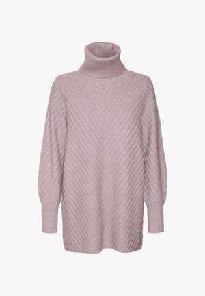 Lichtroze coltrui met een gestructureerd chevronpatroon, losse pasvorm en geribde manchetten. Gebreid materiaal voegt warmte en zachtheid toe.