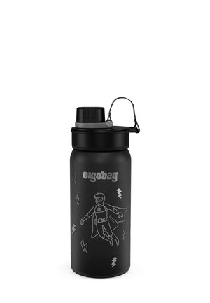 Schwarze Edelstahl-Trinkflasche mit mattem Finish. Verfügt über eine Superhelden-Illustration, ein Logo und grafische Blitzelemente.