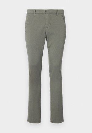 Gray chinos with a straight leg design, featuring two side pockets and a clean waistband. Made from a smooth, lightweight fabric.