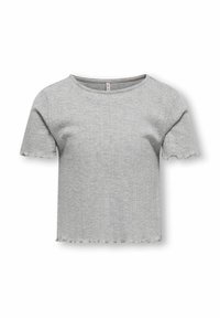 Top gris de manga corta con un patrón ribeteado texturizado y bordes con forma de ola. Escote redondo. El material parece suave y ligero.