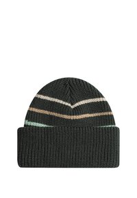 Bonnet côtelé en vert foncé avec des rayures horizontales beige et menthe. Présente un revers et un motif texturé en côtes.