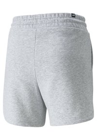 Šedé sportovní šortky vyrobené z měkké, strukturované látky. Mají elastický pas, boční kapsy a logo štítek blízko pasu.