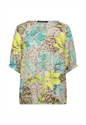 Blouse à manches courtes avec fond beige, imprimé floral jaune et bleu, encolure ronde et ourlets élastiques aux manches et à la taille.