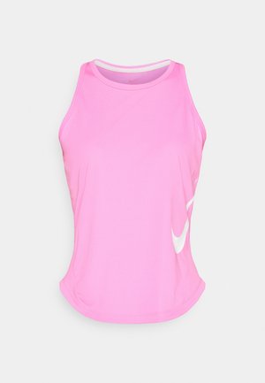 Rozā bez piedurknēm sporta blūze ar apaļu kakla izgriezumu, izgatavota no viegla materiāla. Sānos ir balts Nike logo. Gluda tekstūra.
