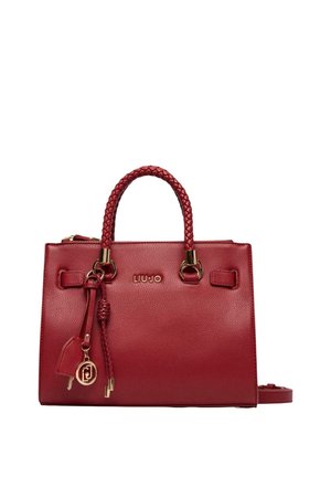 Red leather handbag with braided top handles, gold hardware, decorative charms, and the brand name Liu Jo on the front.