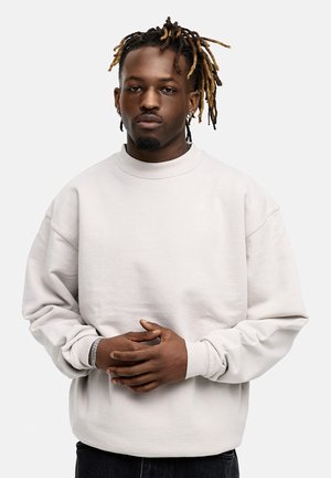 Light gray sweatshirt with a high neckline, dropped shoulders, and long sleeves, featuring ribbed cuffs and a soft texture.