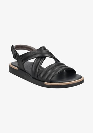 Black leather sandal with crisscross straps, open toe, and heel. Features a light brown sole with a textured finish for grip.