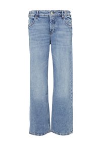 Jeans a gamba larga in denim azzurro chiaro con taglio dritto, dotati di cinque tasche, chiusura con bottone e zip, e un leggero sbiadimento vicino all'orlo.