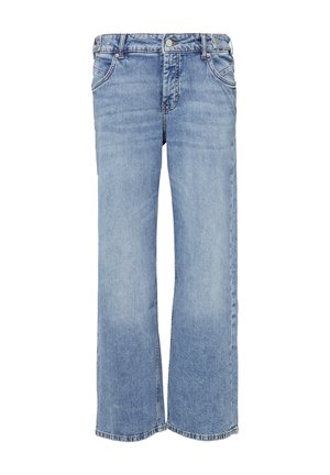 Hellblaue Denim-Jeans mit weitem Bein und geradem Schnitt, ausgestattet mit fünf Taschen, einem Knopf- und Reißverschluss sowie dezenten Ausbleichungen am Saum.