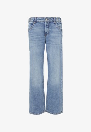 Light blue denim wide-leg jeans with a straight cut, featuring five pockets, a button and zipper closure, and subtle fading near the hem.