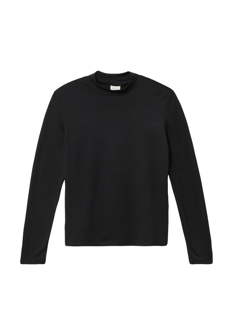 Zwarte langora sleeve crew neck shirt met een eenvoudig ontwerp, plat weergegeven tegen een witte achtergrond.