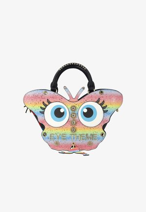Taske formet som en sommerfugl med glitrende regnbuefarver, store tegneserieøjne, sort håndtag og teksten "EYE THEME" foran.
