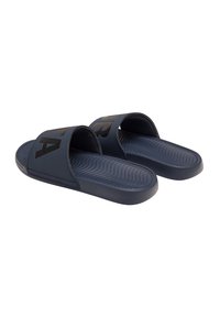 Navy blue slide sandals featuring an open design, textured footbed, and prominent black lettering across the straps. Made of synthetic material.
