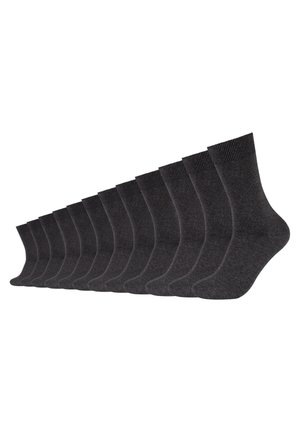 Dunkelgraue Baumwollsocken mit gerippten Bündchen, die eine glatte Textur aufweisen. Das Produkt zeigt insgesamt zwölf Paar, die ordentlich angeordnet sind.