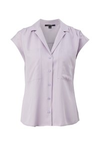 Light purple short-sleeve blouse with a collar, featuring two front pockets and a button closure, made from smooth fabric.