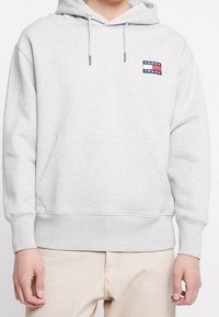 Felpa grigia con cappuccio, dotata di una tasca a marsupio sul davanti e di un piccolo logo multicolore sul petto a sinistra. Materiale misto cotone.