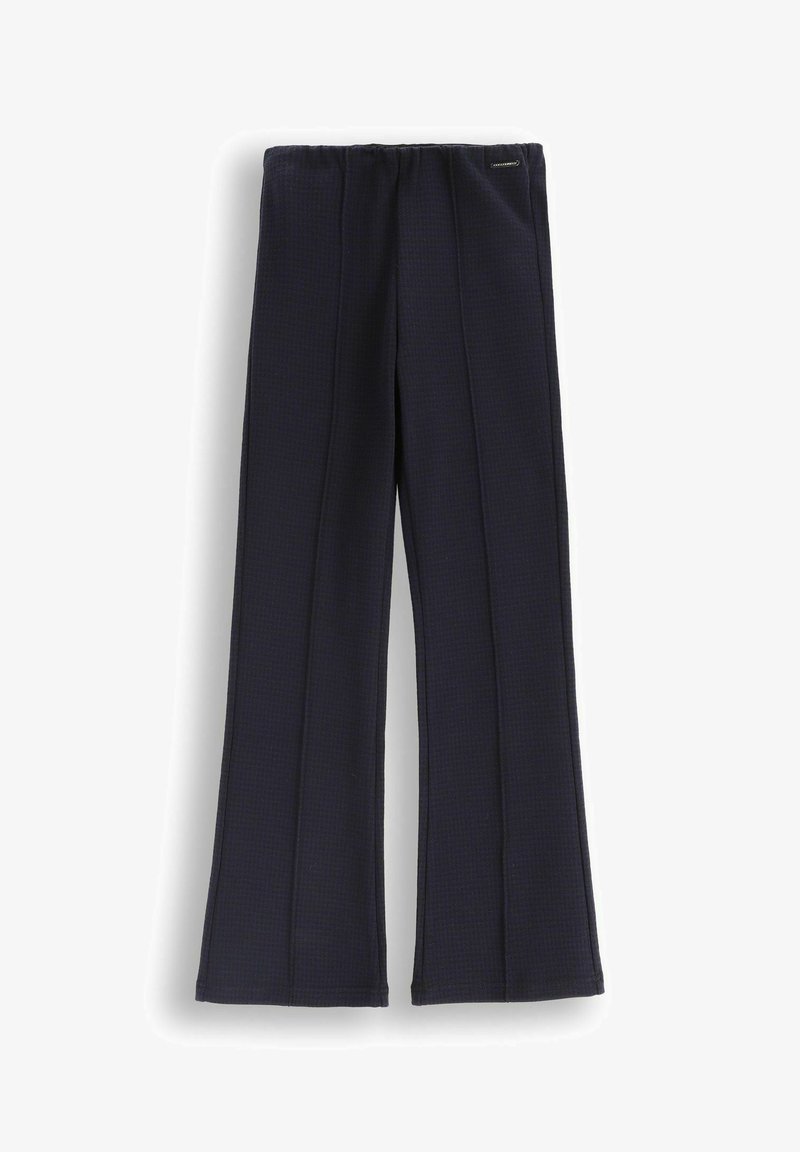 Granatowe spodnie o szerokich nogawkach z delikatnymi pionowymi szwami, elastycznym pasem i teksturowanym materiałem, prezentowane na białym tle.