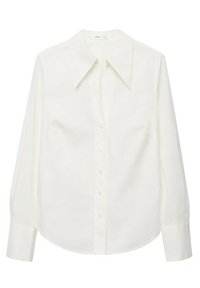 Chemise blanche boutonnée avec un col pointu, des manches longues et un ourlet arrondi. Confectionnée en tissu lisse avec une coupe classique.