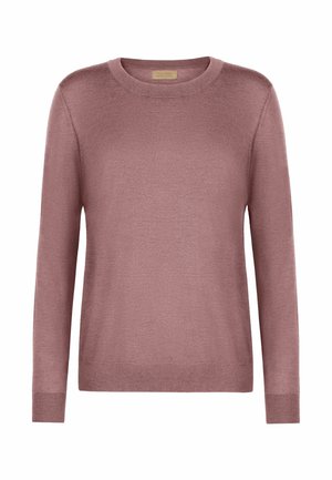 Pull à manches longues mauve avec col rond, poignets et ourlet côtelés, en tissu tricoté fin, présenté sur fond blanc.