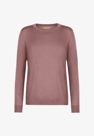 Długi rękaw różowofioletowy sweter z okrągłym dekoltem, z prążkowanymi mankietami i dołem, wykonany z delikatnej dzianiny, prezentowany na białym tle.