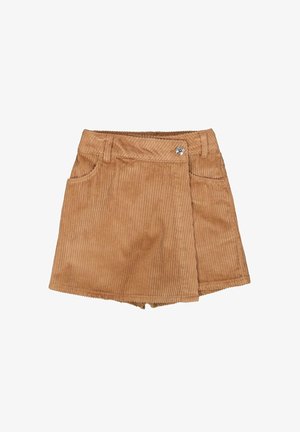 Falda de pana en marrón claro. Presenta un bolsillo delantero, un botón decorativo y un diseño envolvente con textura acanalada vertical.