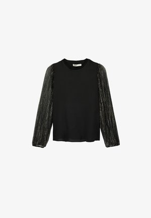 Blouse noire à manches longues avec manches bouffantes transparentes et scintillantes, devant et dos unis, présentée sur fond blanc.
