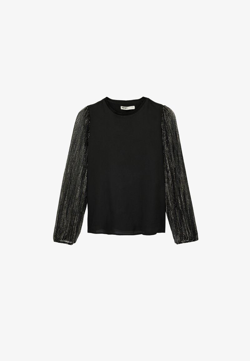 Sort langærmet bluse med gennemsigtige, glitrende pufærmer og en ensfarvet front og ryg, vist på en hvid baggrund.