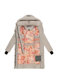 Beige pufferjacka med huva, som har ett abstrakt blomstermönstrat foder i mjuka rosa och orange nyanser, samt elastiska ärmslut med svarta detaljer.