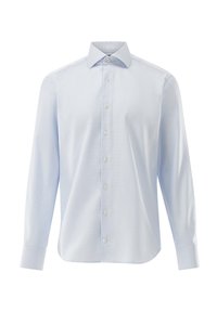 Hellblaues, langärmeliges Hemd aus gewebtem Stoff. Verfügt über einen spitzen Kragen, eine Knopfleiste vorne und knöpfbare Manschetten.