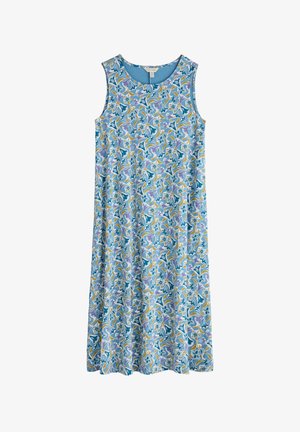 Sinine ilma varrukateta kleit, millel on lillemuster turkoosi, kollaste ja lavendlivärvidega. Valmistatud pehmest ja kergest kangast, A-line lõikega.