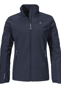 Navy Softshell-Jacke mit hohem Kragen, Frontreißverschluss, zwei seitlichen Reißverschlusstaschen und einem dezenten Logodetail auf der Brust.