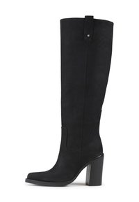 Knee-high black suede boots with a squared toe, chunky heel, seamless design, and a rounded accent near the top.