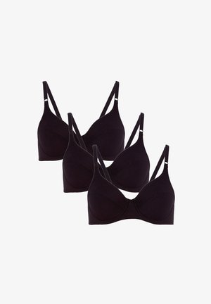 Drei schwarze BHs mit verstellbaren Trägern, glattem Stoff, UnterstÜtzung durch Bügel und dezentem Stich entlang der Kanten. Einfaches Design.