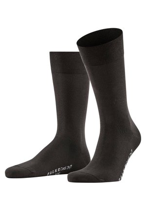 Schwarze Socken aus leichtem Material. Mit einem gerippten Bund und glatter Textur, mit "FALKE Cool 24/7" in Weiß in der Nähe der Zehen bedruckt.