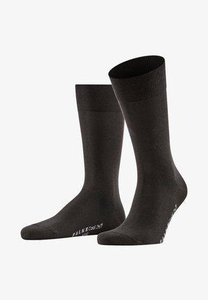 Schwarze Socken aus leichtem Material. Mit einem gerippten Bund und glatter Textur, mit "FALKE Cool 24/7" in Weiß in der Nähe der Zehen bedruckt.