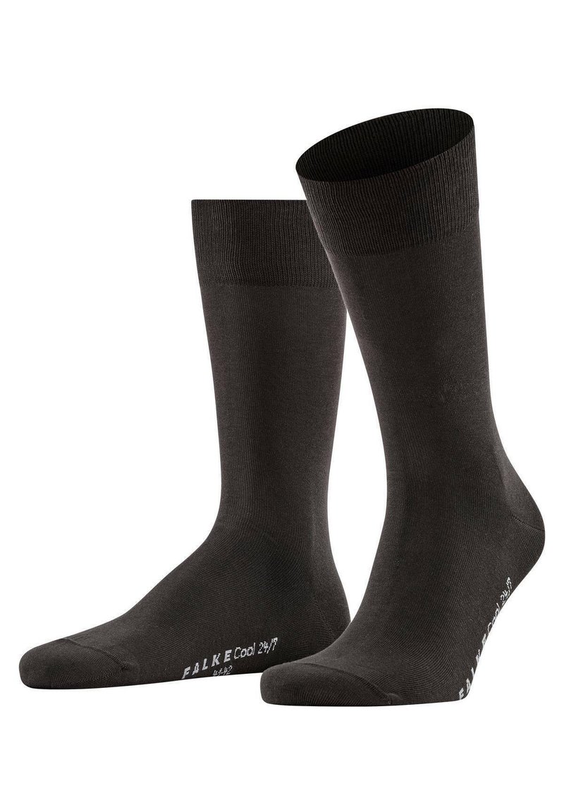 Schwarze Socken aus leichtem Material. Mit einem gerippten Bund und glatter Textur, mit "FALKE Cool 24/7" in Weiß in der Nähe der Zehen bedruckt.