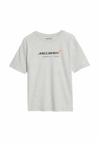 Grijze katoenen T-shirt met korte mouwen en ronde hals, voorzien van het McLaren Formula 1 Team logo in zwarte en oranje print op de voorkant.